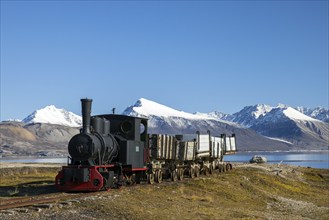 Steam train engine, railway locomotive for transporting coal at former mining town Ny-Alesund,