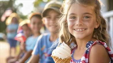 Cute children celebrating with friends and family outdoors with ice cream cones. generatvie AI, AI