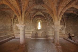 Interior view of the chapter house with ceiling vault and columns of the Romanesque abbey of Le