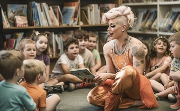 Drag queen reading A book to several young children in a bookstore, AI generated