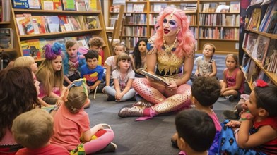 Drag queen reading A book to several young children in a bookstore, AI generated