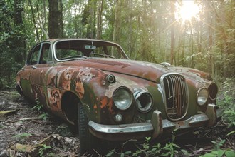 An old, weathered and dusty British vintage car, wreck, of the type Jaguar from the 60s stands in a