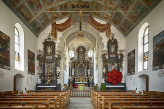 Interior view, chancel, choir, wooden ceiling with New Testament scenes, apostles and the secondary