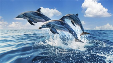 Playful dolphins are leaping and jumping out of the water in a blue ocean, AI generated