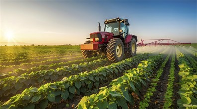 A red tractor is spraying a field of green plants, AI generated