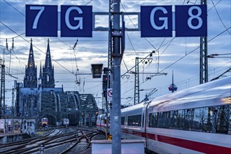 Cologne Trade Fair Centre/Deutz, Platform, Cologne Cathedral, ICE, Cologne, North Rhine-Westphalia,