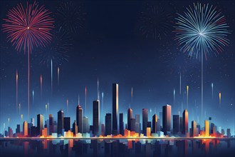 Minimalist, geometric skyline at night, with subtle fireworks in the sky, represented by colorful