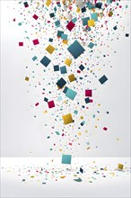 Abstract New Years Eve confetti explosion, with minimalist colored squares and circles falling