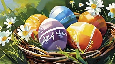 Illustration of of vibrant colored Easter eggs in a wicker basket, surrounded by delicate spring