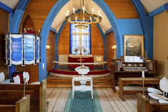 View of the altar and organ in a wood-panelled church, church interior, church, Inuit settlement