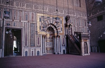 Interior photo, prayer niche, pulpit, Sultan Hasan Mosque, Cairo, Egypt, September 1989, vintage,