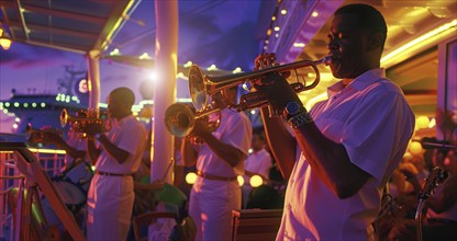 Band of musicians playing on cruise ship. Dream vacation on sailing cruise ship with entertainment,