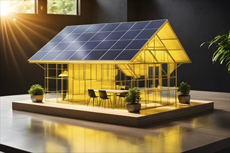 Hologram yellow eco house with solar panel architecture wireframe on table, ai generated, AI