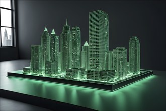 Hologram green skyscraper wireframe on table, ai generated, AI generated