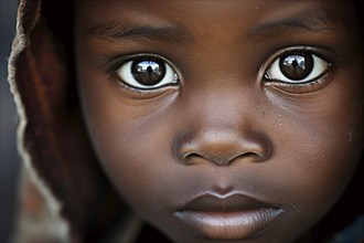 Close up of face of young black african american child with large sad eyes. KI generiert, generiert