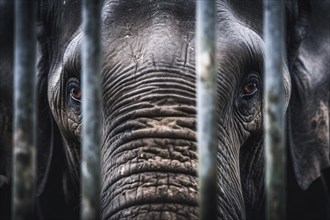 Sad elephant in cage. KI generiert, generiert AI generated