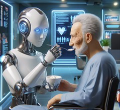 A humanoid robot feeds an old man in a retirement home, symbolic image elderly care, nursing