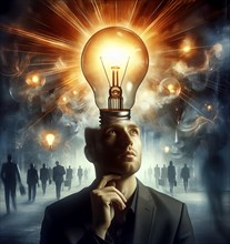 A man with a light bulb in his head who sees a light, Symbolic image thoughts, idea, flash of