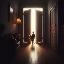 A little boy stands with a teddy bear in a dark room in front of a light from a door, symbolic