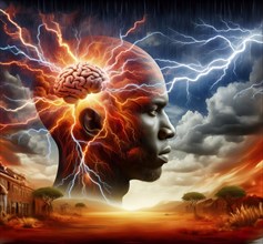 A man's brain emits flashes, symbolic image creative thinking, thought, thought flash,