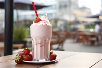 Strawberry milkshake on restaurant table. KI generiert, generiert, AI generated