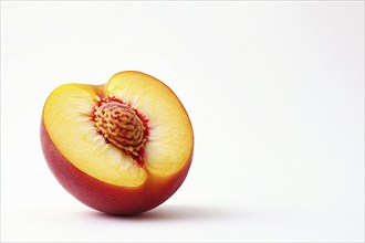 Halved peach fruit with kernel on white background, AI generated