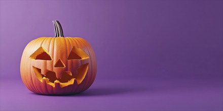 Halloween banner with orange carved pumpkin lantern on purple background with copy space.