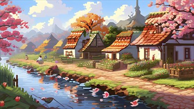 Pixel art illustration of a cozy village in spring with vibrant blooming tress and flowers, AI