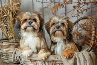 Two cute Lahsa Apso pups in a wicker basket and looking ahead, AI generated