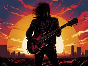 Illustration of a rock star silhouette clutching guitar against abstract urban skyline morphing