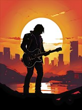 Illustration of a rock star silhouette clutching guitar against abstract urban skyline morphing