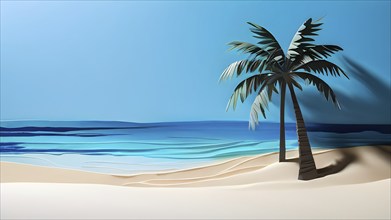 Minimalistic paper art illustration of a tropical beach with blue ocean and palm trees, AI