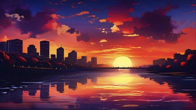 Abstract illustration of a sunset over a city skyline with water reflection in vivid and vibrant