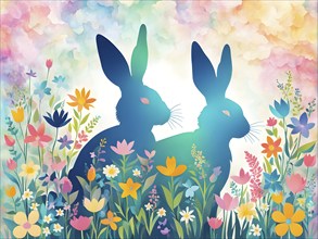 Abstract illustration of a bunny silhouette filled with a collage of spring flowers and vivid