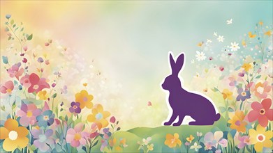 Abstract illustration of a bunny silhouette filled with a collage of spring flowers and vivid