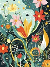 Playful, abstract illustration of a spring garden with exaggerated, colorful floral forms, and