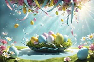 Surreal Easter scene with floating eggs, ribbons, and flowers in a dreamlike, whimsical composition