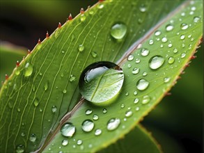 Raindrop on a fresh spring leaf, perfectly reflecting the surrounding garden in the droplet, AI