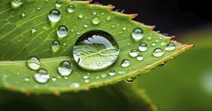 Raindrop on a fresh spring leaf, perfectly reflecting the surrounding garden in the droplet, AI