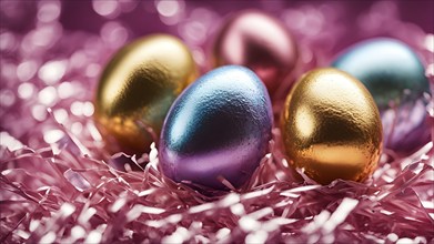 Small chocolate Easter eggs wrapped in shiny foil, placed on a bed of shredded pastel-colored