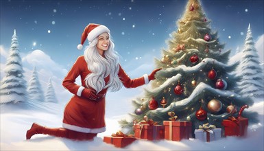 Illustration Christmas woman leaning against a Christmas tree with presents underneath in a snowy