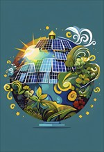 Illustration of a globe composed of triangular solar panels and swirling wind patterns, symbolizing