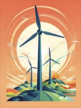 Abstract wallpaper illustration of interconnected wind turbines, represented by flowing lines and