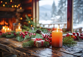 Rustic wooden table in a cabin, covered with Christmas holiday decor, AI generated