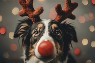 Dog with funny red nose and reindeer costume antlers. Generative Ai, AI generated