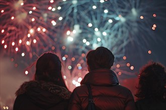 Young people celebrating new year with fireworks in night sky. Generative Ai, AI generated