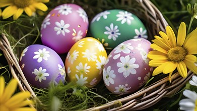 Vibrant-colored Easter eggs in a wicker basket, surrounded by delicate spring flowers, AI generated