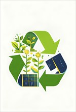 Recycling symbol morphing into growing plants and solar cells to symbolize the transformation of