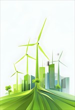 Abstract visual illustration of a city skyline where buildings morph into wind turbines and trees,