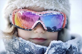 Child's face with large skiing sunglasses and hat cobered in snow in winter. Generative Ai, AI